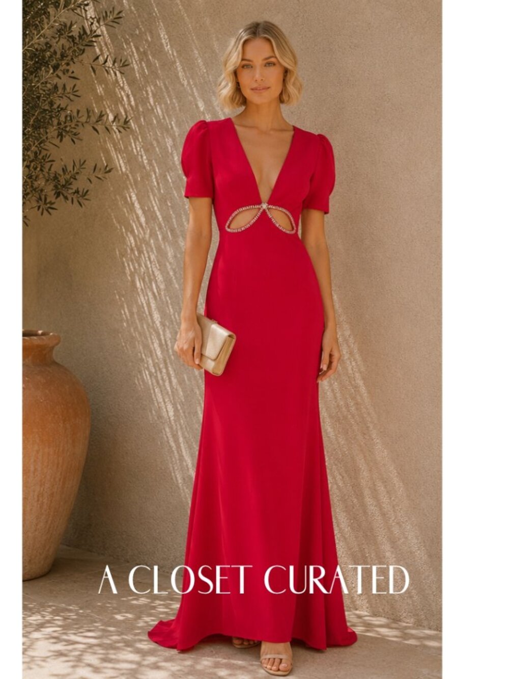 Mac Duggal V Neck Embellished Cut Out Gown Maxi Dress 2 Red NWT Style 2630